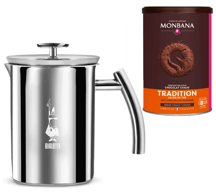 Pack Mousseur à Lait En Acier 33 Cl Bialetti + Chocolat En Poudre Tradition Monbana 1 Pack Mousseur à Lait En Acier 33 Cl Bialetti + Chocolat En Poudre Tradition Monbana